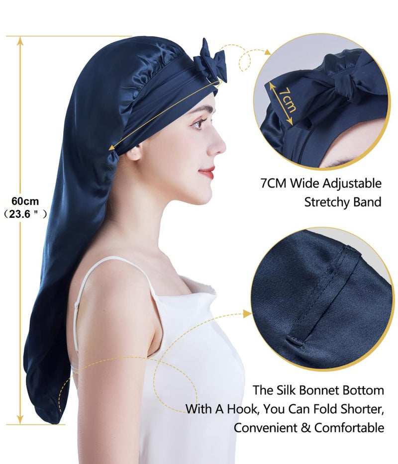 Cocheng Mulberry Silk Bonnet for Sleeping Long Silk Bonnet for Curly Hair Braids Bonnet for Women Silk Bonnet with Tie Band Blue - Image 4